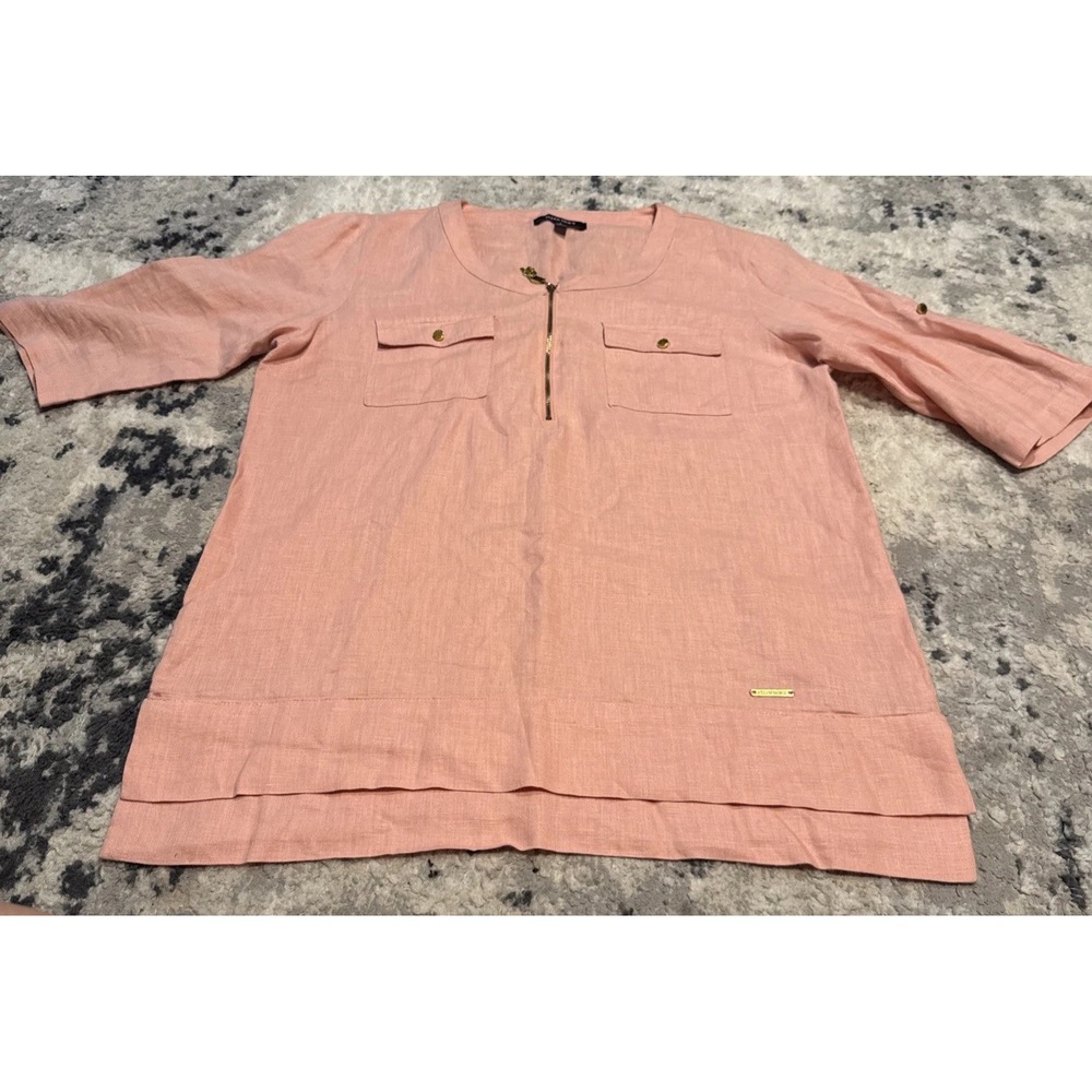 Ellen Tracy Womens Sz Large Linen Peach 1/4 Zip Short Sleeve Shirt